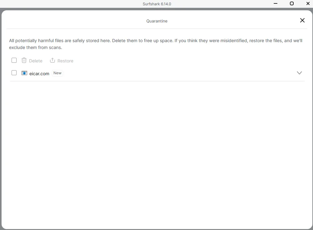 Surfshark Antivirus quarantine screen showing the EICAR test file caught automatically