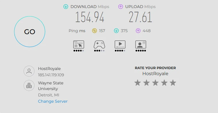 Surfshark VPN speed test result on a US Detroit server: 154.94 Mbps download, 27.61 Mbps upload