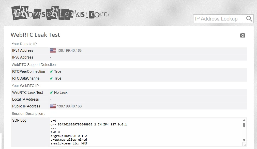 BrowserLeaks WebRTC leak test showing No Leak while connected to Surfshark, with only the VPN server IP visible